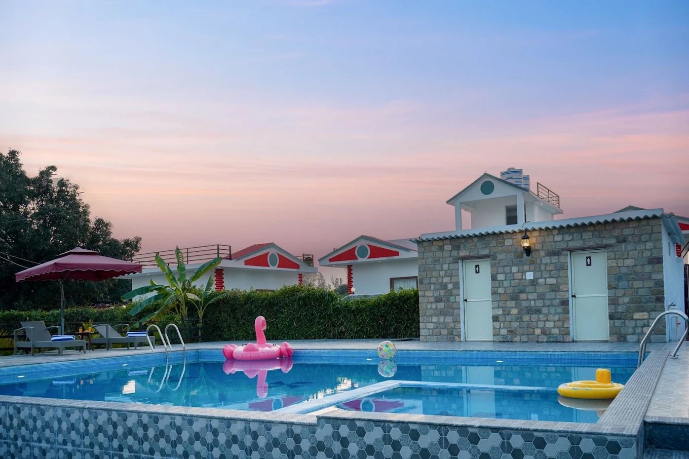 Heated swimming pool at luxury homestay in Jim Corbett